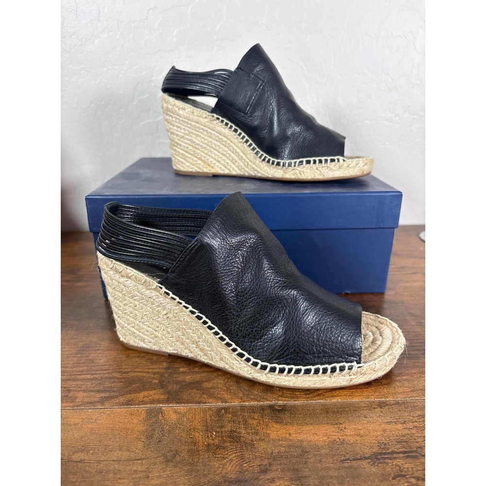 Splendid Simon Black Leather Espadrille Wedge Sandals Peep Toe LL1634 Womens 7.5